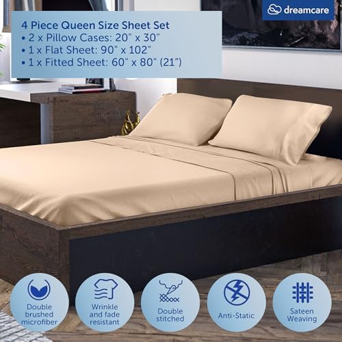 Image of DREAMCARE Queen Sheet Set - 4 pcs Breathable Cooling Sheets - up to 15 inch Deep Pocket Queen Sheets Set with Side Pockets - Extra Soft 100% Brushed Hypoallergenic Hotel Luxury Bedding - Wheat