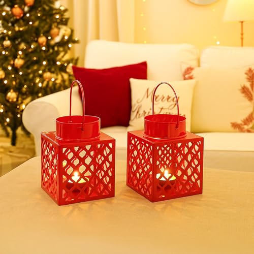 Image of MARKET 99 Set of 2 Red Metal Lanterns | Cube Square Etching Design with Glossy Finish | Decorative T-Light Candle Holders for Home, Xmas & Christmas Decor, Balcony & Festive Lighting
