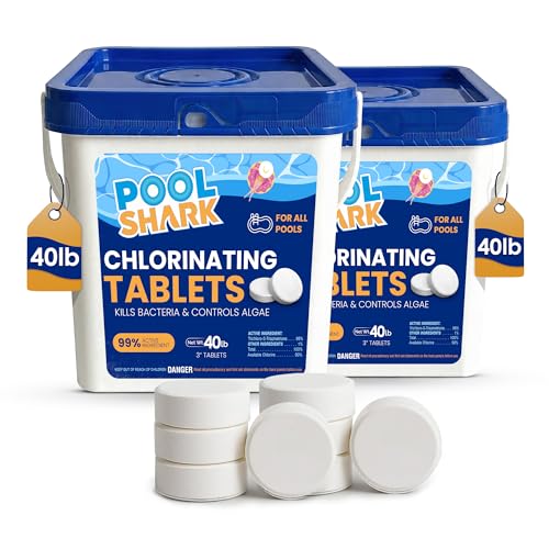 Image of Pool Shark Swimming Pool Chlorine Tablets 80 lbs (2x40) 3-Inch Chlorine Tablets Slow-Dissolving 90% Active Chlorine Tabs Pool Chemicals for Inground Pools Above Ground Pools Saltwater Spa Hot Tub