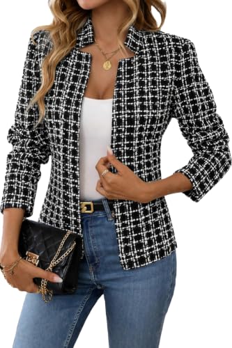 ELLEVEN Womens Blazer Business Casual Suit Jacket Tweed Blazers for Women Slim Fit Fitted Long Sleeve Stand Collar Blazer Dressy Full Lining Coat Cardigan with Padded Shoulder Black and White Medium