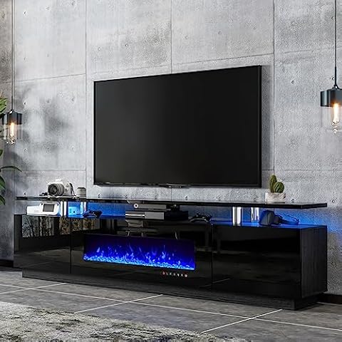 LUXOAK 80" Fireplace TV Stand, Modern High Gloss Finish Media Console with 40" Electric Fireplace, Open Storage Entertainment Center for TVs Up to 90" with LED Lights, Black Cover