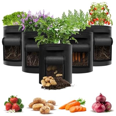 JNUYISW Bolsas de Cultivo de Papa 5 Piezas 43L Respirable Bolsa de Cultivo de Plantas con Asas y Ventana Grande Bolsa de Siembra Fieltro para Patatas Verduras Tomates Zanahorias Cebolla Negro