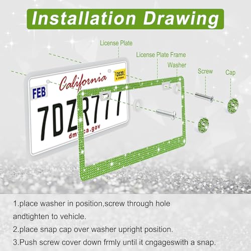 Image of Amiss Bling License Plate Frame for Women, 2Pack Rhinestone Handcrafted Crystal Premium Stainless Steel, Stainless Steel Car Decorative Accessories with Diamond Sparkle Glitter Caps (Green)
