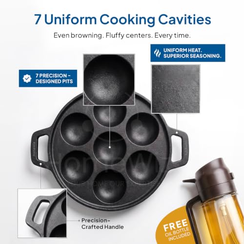 Image of HomeWiz Cast Iron Appe Pan 7 Cavity 18 cm | Free Oil Dispenser 500ml | Pre-Seasoned Appe Maker for Appam, Paniyaram & Appe | Non Stick Appam Pan | Naturally Non-Stick | Works On Induction & Gas