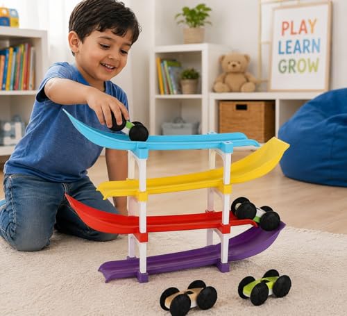 Image of 4-Level Car Ramp Racer Toy with 4 Mini Cars for Kids | Rolling Track Racing Toy for Toddlers Age 2-7 Years | Educational Car Slide | Birthday Gift for Boys & Girls | Colorful Racing Ramp Set