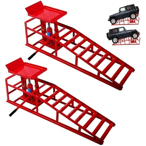 2pcs Car Ramps with 5T 10000lbs Heavy Duty Hydraulic Lift, Car Ramp for Oil Change and Repair, Low Profile Car Truck Lift Service Ramps, Portable Car Lift for Workshop, Repair Shop, Home Garage.Red Cover