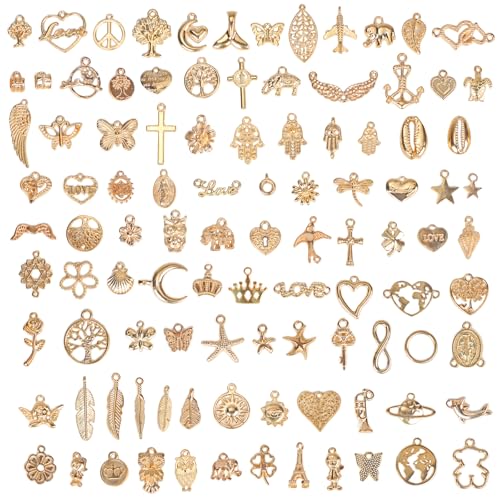 Tikplus 100 Stück Charms, Gold Ketten Anhänger zum Schmuck Basteln, Gemischte Vintage Aesthetic Armband, Ketten, Ohrringe und Halskette