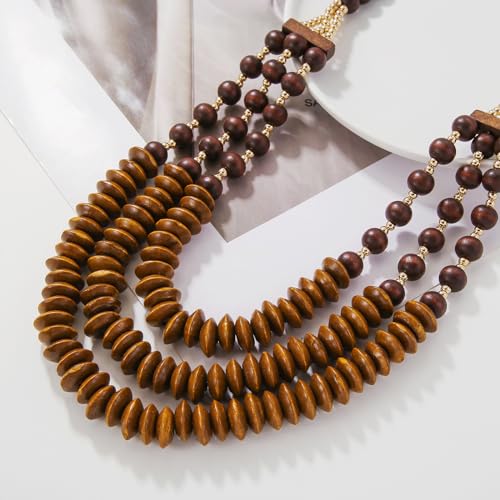 Coiris Wooden Beaded Bib Statement Necklace 3 Layer Long Multi Strand Chunky Collar Necklace Handmade Jewelry Boho thumb #3