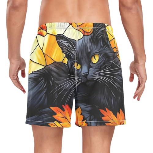 Mens Swim Trunks with Liner, Cat Black Stain Glass Cool Quick Dry Beach Swim Shorts, Swimwear Bathing Suits S2