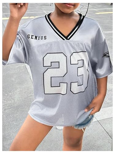 Image of BEAUDRM Girl's Jersey Shirts Leopard Number Print Jersey Shirt Cheetah V Neck Half Sleeve Oversized Tee Tops
