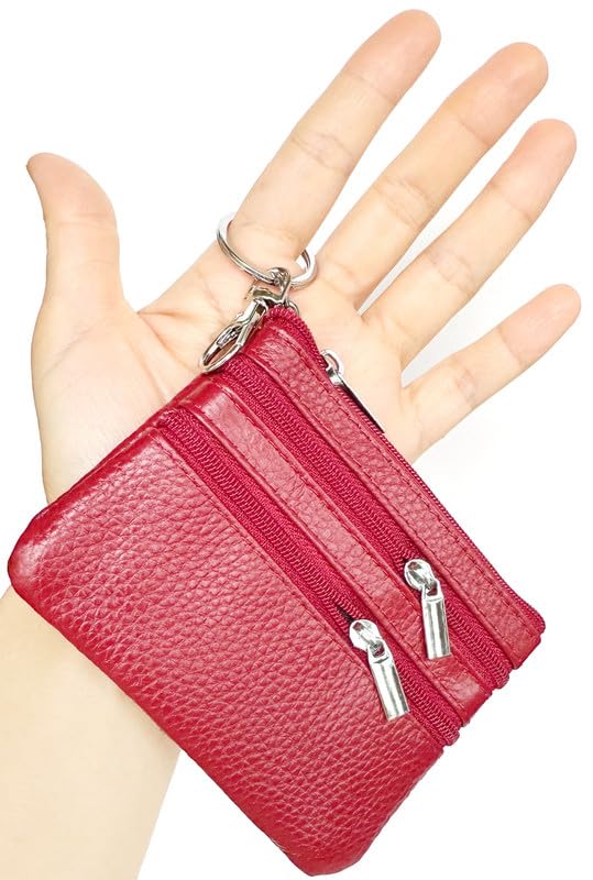 Image of Women's Small Leather Coin Purse with Key Ring and Snap Hook, iToolai Mini Change Card Case Wallet Pouch with Keychain, 03 Burgundy, One Size (4.33 inchx 3.54 inch), Keychain Coin Pouch With Snap Hook