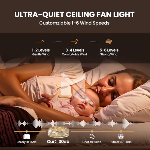 Image of Gold Crystal Fandelier Ceiling Fans with Lights, 20 inch Gold Flush Mount Ceiling Fan with Light Remote Control, Caged Mid-Century with 6 Speeds for Living Room Bedroom Nursery