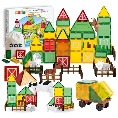 MIMIQ Bloques Magnéticos Granja 67 Piezas – Animales y Base con Ruedas, Juguete Educativo Steam Montessori para Niños 3 a 10 Años, Regalo Infantil Creativo