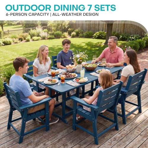 Image of 7-Piece Dining Set, HDPE Table & 6 Chairs, Navy Blue | HDPE Dining Set: 69.1 inch Table + 6 Chairs, 380 lbs, 304 Stainless, All-Weather, No Rust No Crack, Outdoor Patio Garden