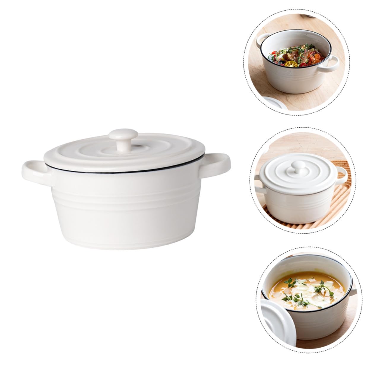 Veemoon Bol de Cerámica para Sopa con Doble Asa y Tapa Tamaño 6 Pulgadas Apto para Vaporera y Uso Doméstico Resistente y Decorativo para Hogares Restaurantes y Hoteles