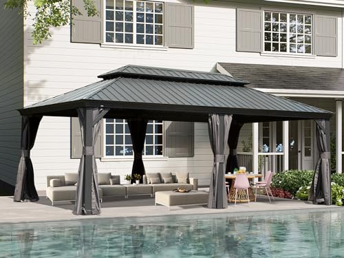 Domi 14' X 20' Hardtop Gazebo Outdoor Metal Gazebo Canopy with Galvanized Steel Double Roof, Aluminum Frame, Curtains and Netting for Patio, Deck, Garden, Grey