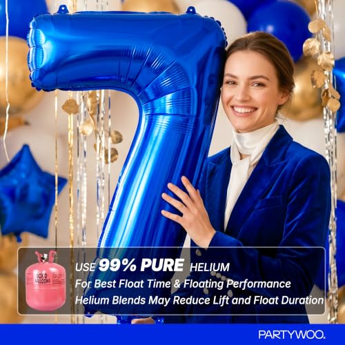 Image of PartyWoo Royal Blue Number 7 Balloon 40 Inch 25pcs Blue Star White Gold
