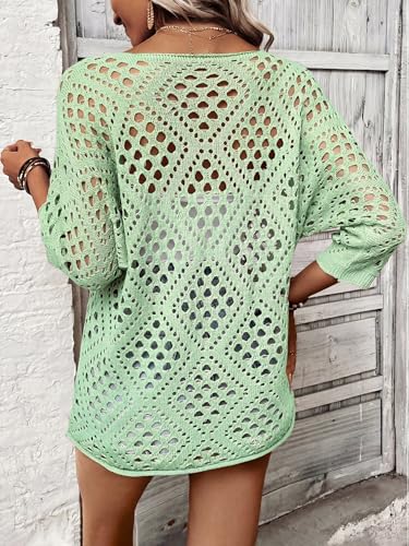 Image of Verdusa Women's Crochet Beach Sweater 3 /4 Length Sleeve Boho Tops Off The Shoulder Summer Sweater Cover Ups