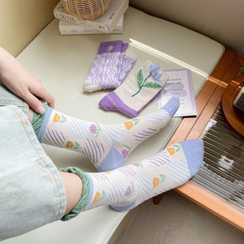 Image of HOMSSEM Floral Crew Socks - 5Pair Flower Graphic Soft Cotton Socks for Women, Teen Girls - for Sandals, - Cute Vibrant Colors