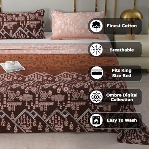 Image of Story@Home Luxe 400 TC Sateen Weave 100% Cotton Bedsheet King 270 cm x 270 cm Ombre Printed Soft Flat Sheet with 2 Pillow Covers 18 x 27 Inch Aztec Brown-Gift Packaging