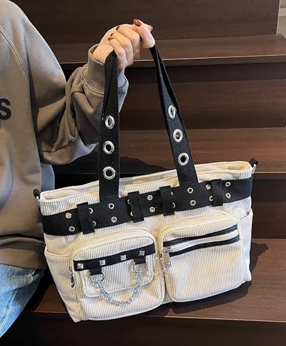 Image of Tote Bag for Women, Corduroy Gothic Purse Goth Bag with Zipper for College, Work, Travel, Gym