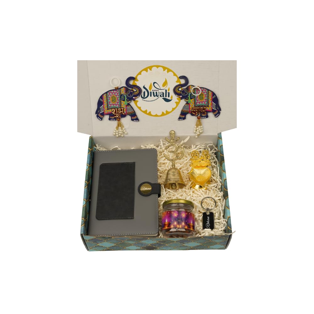 Customized Diary Gift Set for Diwali | Gift Combo customized Metal Keychain, Leather Diary, Diya, Om Bell, Shubh Latkan and Almond Jar | Personalized Diwali Gift for Family and Friends (Black)