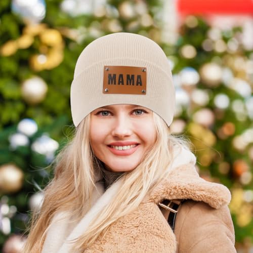 3 Pcs Parent-Child Beanie Hats Mama PAPA MINI Leather Patch Winter Knit Cap Warm Cuffed Cap Matching Family Beanie Hat4