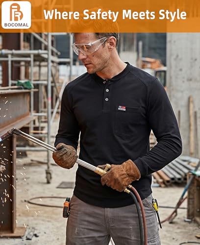 Image of BOCOMAL FR Shirts for Men Long Sleeve EX Soft Flame Resistant Henley CAT2 | NFPA2112 6oz Midweight Cotton Knit Heather Series,Moisture-Wicking /Breathable,Chest Pocket,Rib-Knit Cuffs,Summer Work T Shirt