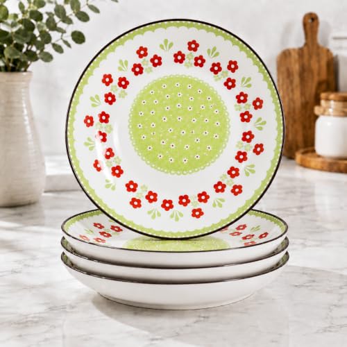 Image of Ceramic Pasta Plate, 20.4 cm Porcelain Dinner Plates, Microwave & Dishwasher Safe, Food Grade Ceramic, Deep Serving Plate for Pasta, Salad, Soup, Curry & Noodles (Green & Red Floral Design, PACK OF 4)