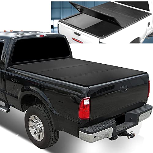 FRP Hard Solid Tri-Fold Adjustable Truck Tonneau Cover Compatible with Ford F-250 F-350 F-450 F-550 Super Duty 8Ft Fleetside/Styleside Bed 99-16, Black Powdercoated