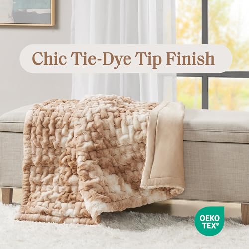 Madison Park Ruched Fur Throw Faux Fur Blanket, 50" x 60", Tan Tie Dye - image 2