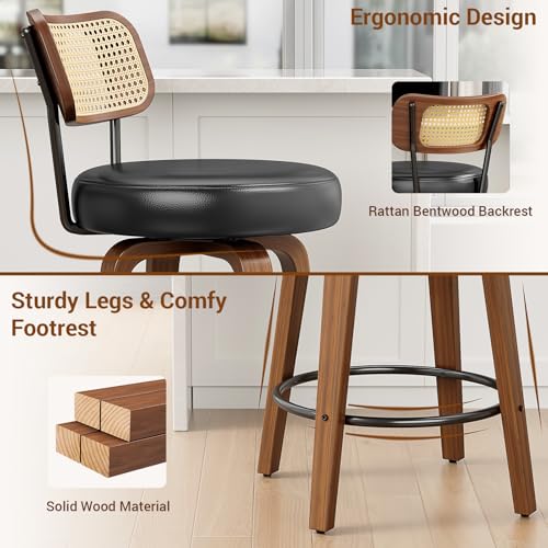 Image of YaFiti Swivel Bar Stools Set of 4, 26 inch Upholstered Barstools with Rattan Backs and Wood Legs, Modern PU Leather Counter Height Bar Chairs for Kitchen Island, Black