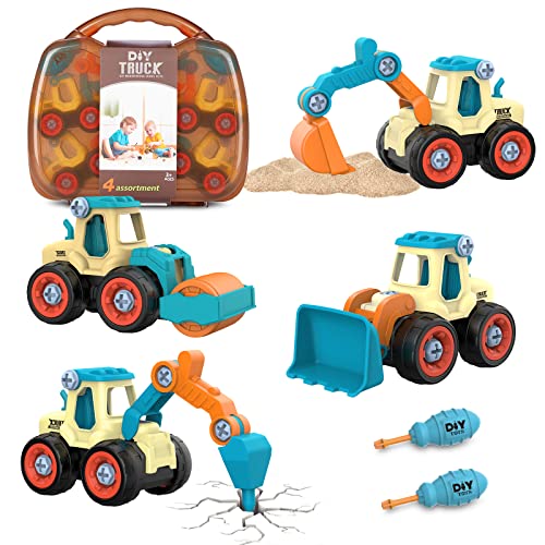 Eucomir 4 en 1 Vehículos de construcción Excavadora Juguetes Set para niños de 3 años, xcavadora de ensamblaje DIY con Destornillador, Desmontar Camión de Ingeniería para Niños