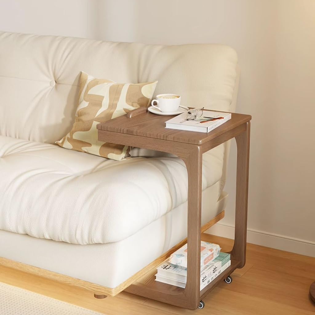 Mesa de TV ajustable en forma de C de madera maciza con ruedas, mesas auxiliares extraíbles para sofá, ideal para salas de estar, dormitorios y espacios estrechos