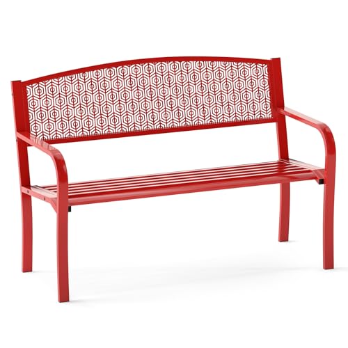 COSTWAY Gartenbank Metall, wetterfeste Sitzbank für 2 Personen, Balkonbank mit Armlehne, Metallbank bis 300 kg belastbar, Eisenbank für Garten, Terrasse, Balkon, 128 x 60 x 86 cm (Rot)