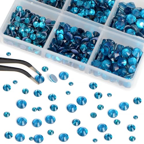 Image of Bymitel Hotfix Crystal Rhinestones Round Gems for Crafts,Mixed 6 Sizes with Wax Pencil Kit, Blue Zircon 1.6-6.3mm SS4-SS30 /8000pcs