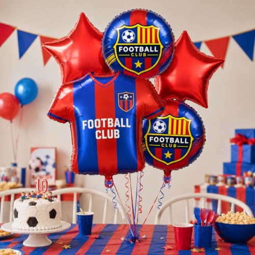 Image of Red and Blue 5 Pcs Football Theme Foil Balloon Set for Birthday Party Decoration | Football Jersey Balloon | Sports Theme Birthday Party Decoration for Kids