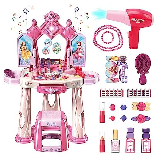 Pretend Play Girls Makeup Table Set with Stool,Open Doors by Gestures,Kids Vanity Set with Lights and Music,Toddler Beauty Salon Set with Makeup Accessories & Hair Dryer,Toy for Toddlers 2-5 Years Old
