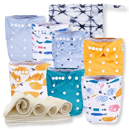 Image of Nora's Nursery Cloth Diapers 7 Pack with 7 Inserts & 1 Wet Bag - Waterproof Cover, Washable, Reusable & One Size Adjustable Pocket Diapers for Newborns and Toddlers - Reel Me in