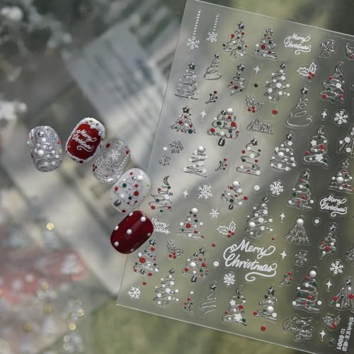 Image of Christmas Nail Stickers Holly Snowflake Nail Decals Silver Nail Art Decals | Festive Red & Green Xmas Tree Nail Stickers, 5D Embossed Self-Adhesive Decals for Women Holiday Season Manicure Charms Supply