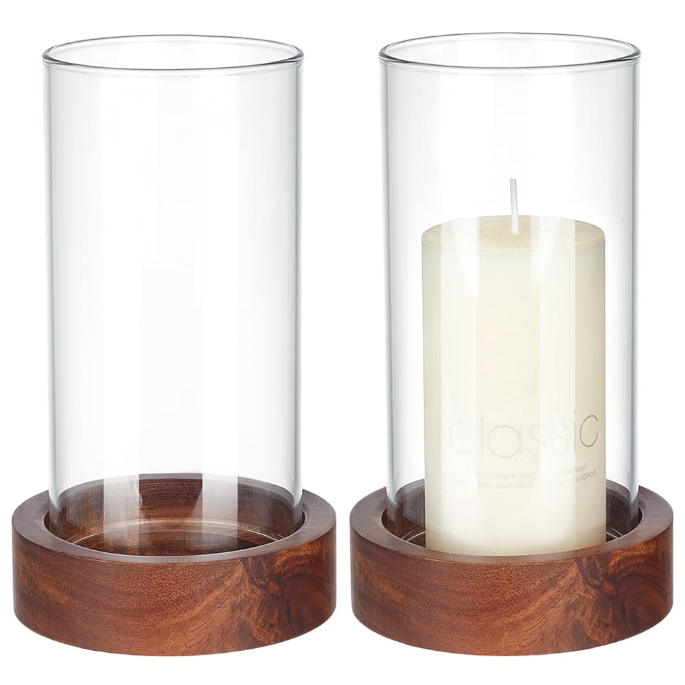 WEBEEDY 2 Sets Hurricane Glass Candle Holders Pillar Candle Holder with Wood Plate Base, Table Decorative, Holder Table Centerpieces for Wedding,