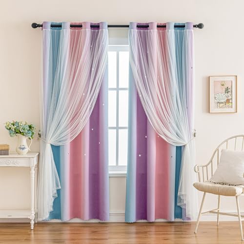 Image of indistar Colourful Stripe Star Cut-Out Blackout Curtains for Bedroom,2 Layers Mix Design of Fabric & Tulle,Pretty Window Curtain for Kids Room 1 Panel (W52 x L63 Purple Pink Blue)