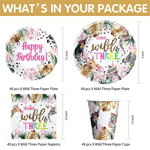 Apowbls Jungle Safari 3Rd Birthday Party Supplies - Young Wild And Three Decorations Girl Tableware, Plates, Cups, Napkins, Wild Animal 3-Year-Old Birthday Party Supplies Dinnerware | Serves 48 #TOP1