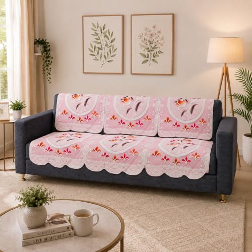 Image of STITCHNEST Florenza Pink 10 Piece Cotton Net Sofa Slip Cover |5 Seater