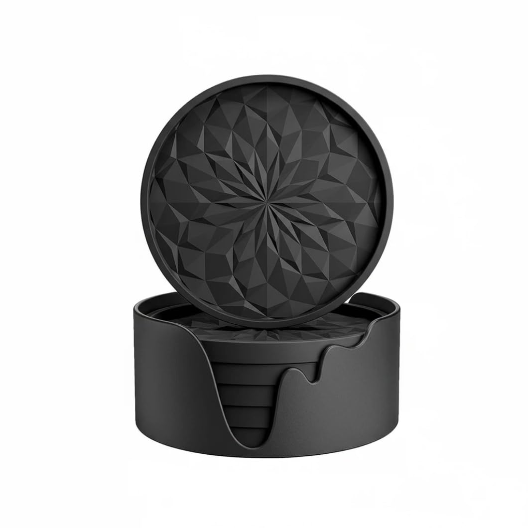 Sottobicchieri in Silicone con Supporto, Set da 6 Pezzi in Nero, Antiscivolo e Resistenti al Calore, Lavabili in Lavastoviglie – Per Bevande, Caffè, Tazze, Cucina, Bar e Soggiorno, Protezione Tavolo