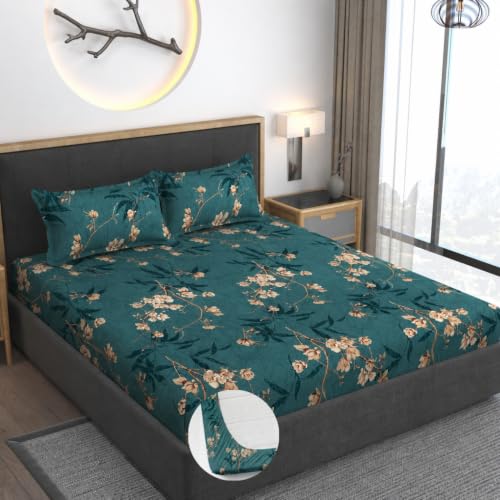 Image of Vaini Premium Heavy Cotton Elastic Fitted Bedsheets with 2 King Size Pillow Covers || Double Bed with All Around Elastic 350 TC || 60 x 78 x 8 Inch Queen Size Fitted || :- Green Flower
