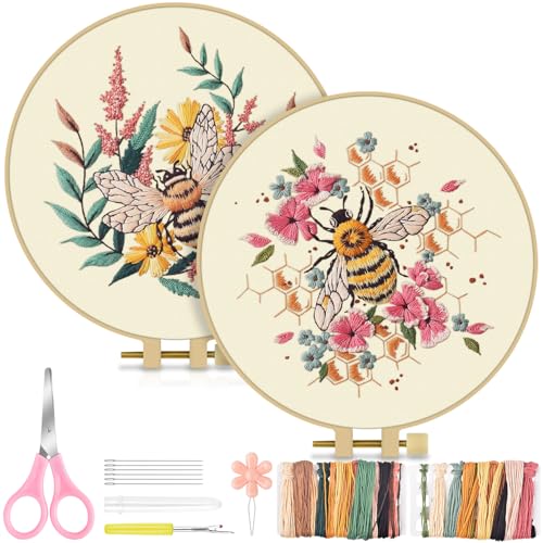 Image of TINDTOP 2 Pack Embroidery Kit for Adult, Embroidery DIY Starter Kit, with Stamped Patterns, Hoop, Tools, Colorful Threads with Needles, Instructions (Bee) | with Stamped Patterns, Hoop, Tools, Colorful Threads with Needles, Instructions (Bee)