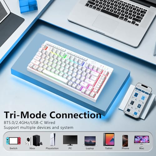 Image of Redragon Wireless Gaming Keyboard, Bluetooth /2.4GHz /USB-C Wired, RGB Backlit, Portable 75% Mini Quiet Macro Membrane Keyboard, Rechargeable 4000mAh Battery, Anti-Ghosting for Win /MAC, White