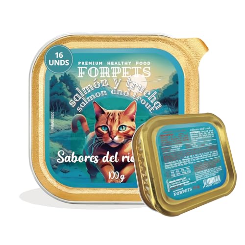 FORPETS Comida Húmeda Gatos Salmón y Trucha Pack 16x100g Paté Suave Alto en Proteína con Taurina Vitaminas Alimento Completo Comida Humeda Diario Gatos Adultos Textura Apetecible Lata Servir