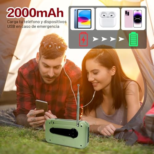 Radio de Emergencia Portátil, FM/Am Emergency Radio con Solar Recargable Radios de Dinamo con Manivela con Linterna LED y Luz de Lectura 2000mAh Powerbank SOS Alarma USB de Camping al Aire Libre - Imagen 3